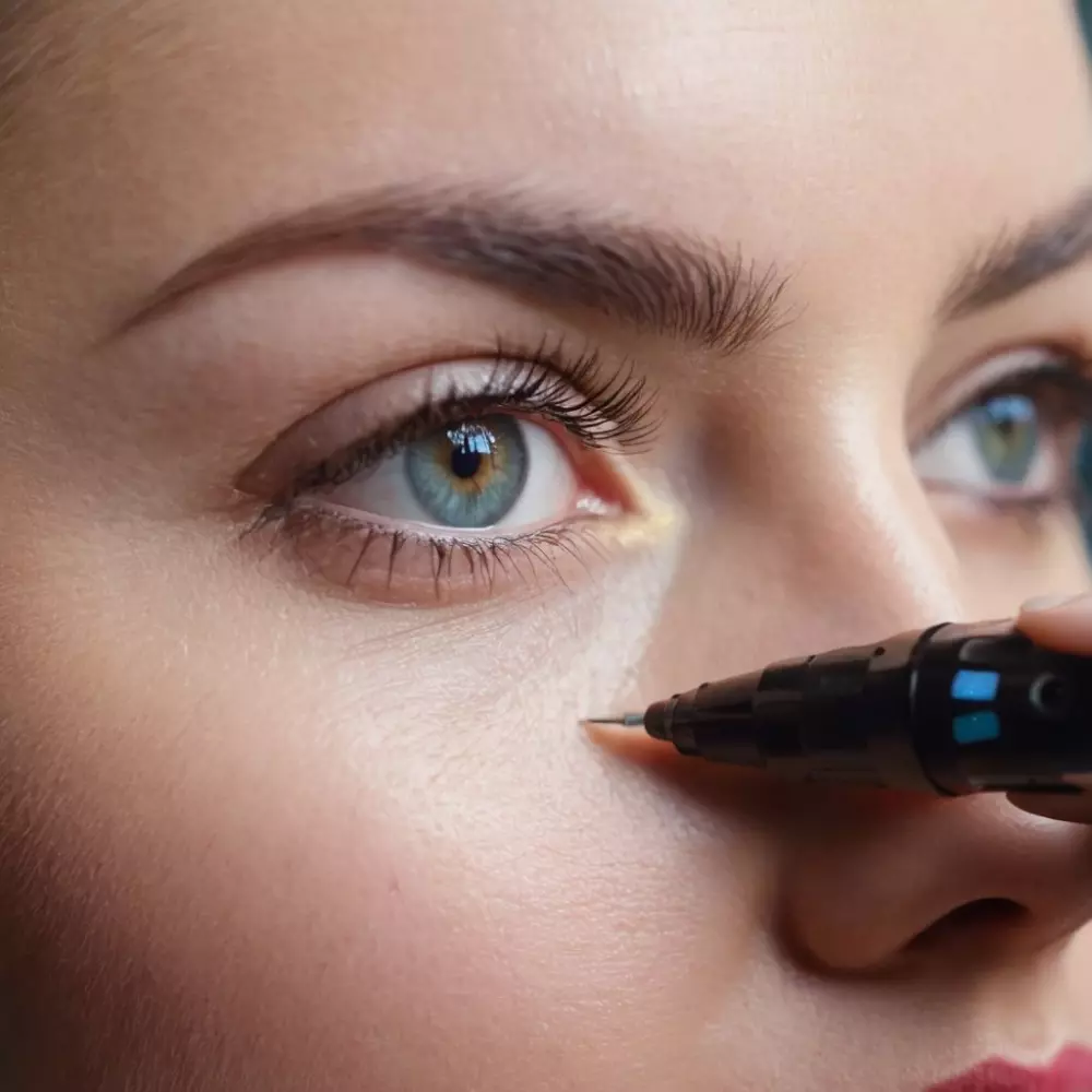 Nahaufnahme eines Plasma Pens, der auf die Haut unter den Augen aufgetragen wird, klinische Umgebung, fokussierte Beleuchtung auf dem Gerät und der Behandlungsfläche, fotografisch festgehalten mit einem kurzen Teleobjektiv, um die Präzision des Verfahrens einzufangen.