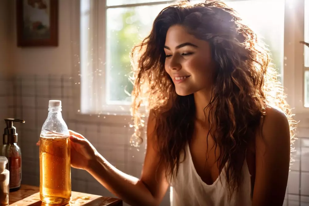 Nahaufnahme einer Frau, die ihre Haare mit Apfelessig in einem hellen Badezimmer spült, frisches und sauberes Gefühl, Fotografie, Fotografie mit einer mittleren Einstellung und natürlichem Badezimmerlicht.
