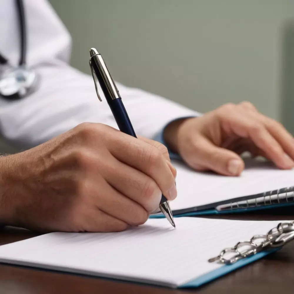Person holding a pen, ready to take notes during a consultation in a modern doctor's office, Photographic style with soft lighting.