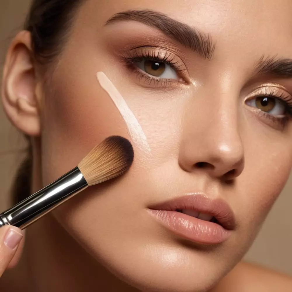 Eine detailreiche Nahaufnahme einer Frau, die flüssiges Make-up mit einem Make-up-Pinsel auf ihr Gesicht aufträgt, mit Fokus auf der Hauttextur und dem Pinsel. Fotografisch festgehalten mit einem Makroobjektiv, das das sanfte Verblenden im weichen Innenlicht hervorhebt.