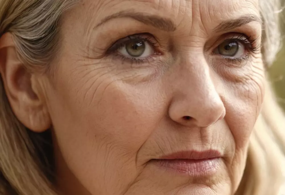 Nahaufnahme eines reifen Gesichts, das sich auf Wangenfalten konzentriert, mit natürlichem Licht, das die Textur und Tiefe der Falten hervorhebt, Fotografisches Porträt im weichen Sonnenlicht.