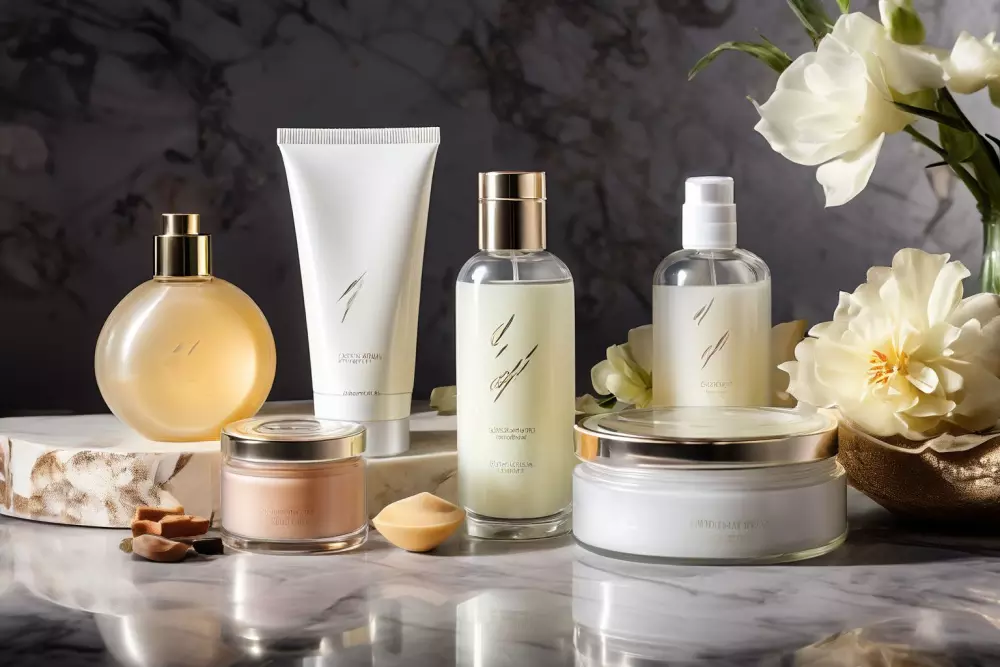 Eine Vielzahl von Halspflegeprodukten, elegant auf einer Marmoroberfläche präsentiert. Fotografie aus der Vogelperspektive mit weichem Licht und detailliertem Fokus.