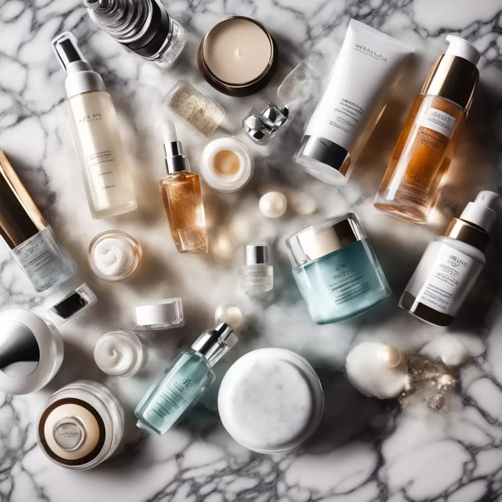 Elegant array of skin care products, a close-up on a bright, marble surface, with a soft light highlighting the textures, Photographic, a macro lens capturing every detail of the products, high-resolution, with a shallow depth of field for a professional look.