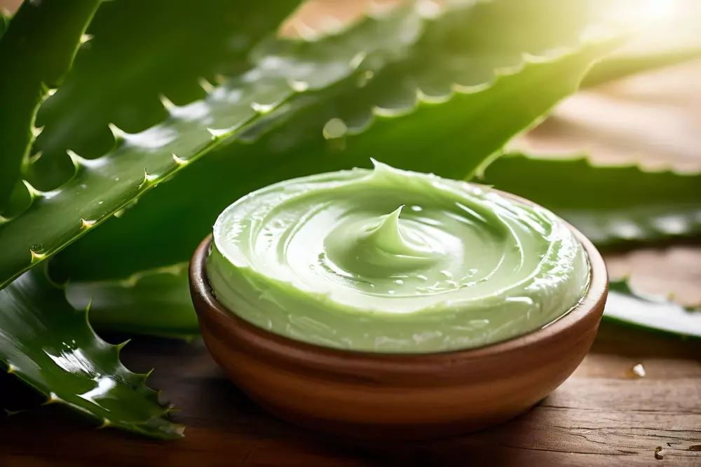 Nahaufnahme von Aloe Vera Blättern und einer natürlichen beruhigenden Hautcreme auf einer Holzoberfläche, Fotografischer Stil, Hochauflösendes Bild mit weichem, natürlichem Licht und einer geringen Tiefenschärfe, die sich auf die Creme mit Aloe im Hintergrund konzentriert.