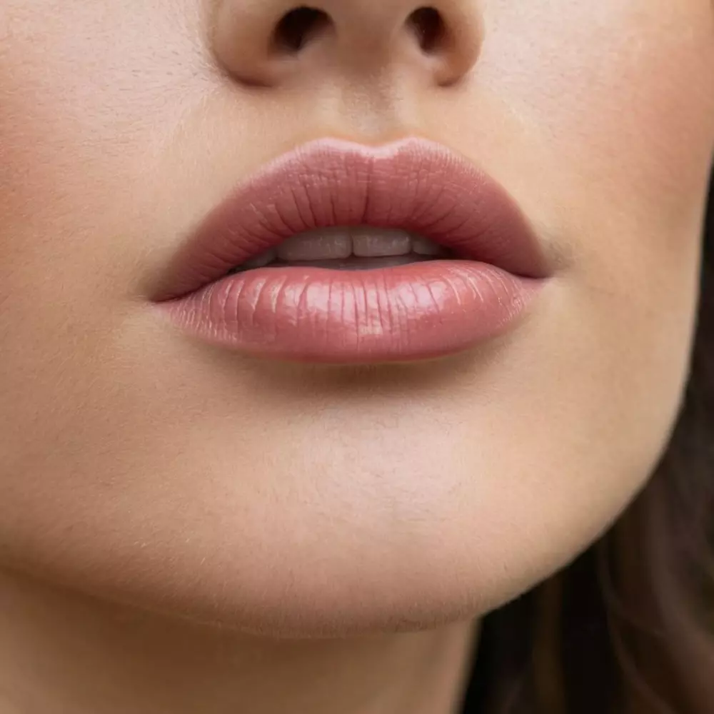 Close-up of a woman's subtly enhanced lips, focusing on the natural and soft appearance, outdoor setting with natural light, serene and beautiful atmosphere, Photographic, Close-up Photography with a macro lens, natural sunlight, and detailed resolution.