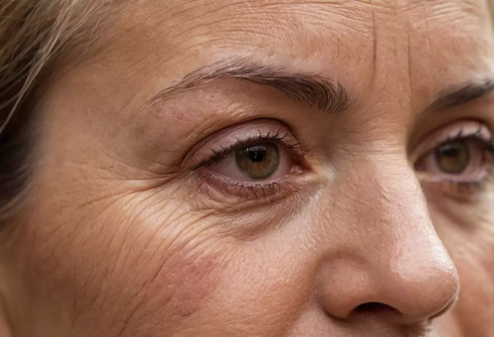 Nahaufnahme von gemischten Hautproblemen wie Falten, Narben und Pigmentstörungen auf der Haut, die lebendig mit hoher Detailgenauigkeit unter natürlichem Licht dargestellt werden, um die Textur und Farbvariationen zu betonen. Fotografie, die mit einem Makroobjektiv für eine detaillierte Hauttextur aufgenommen wurde.