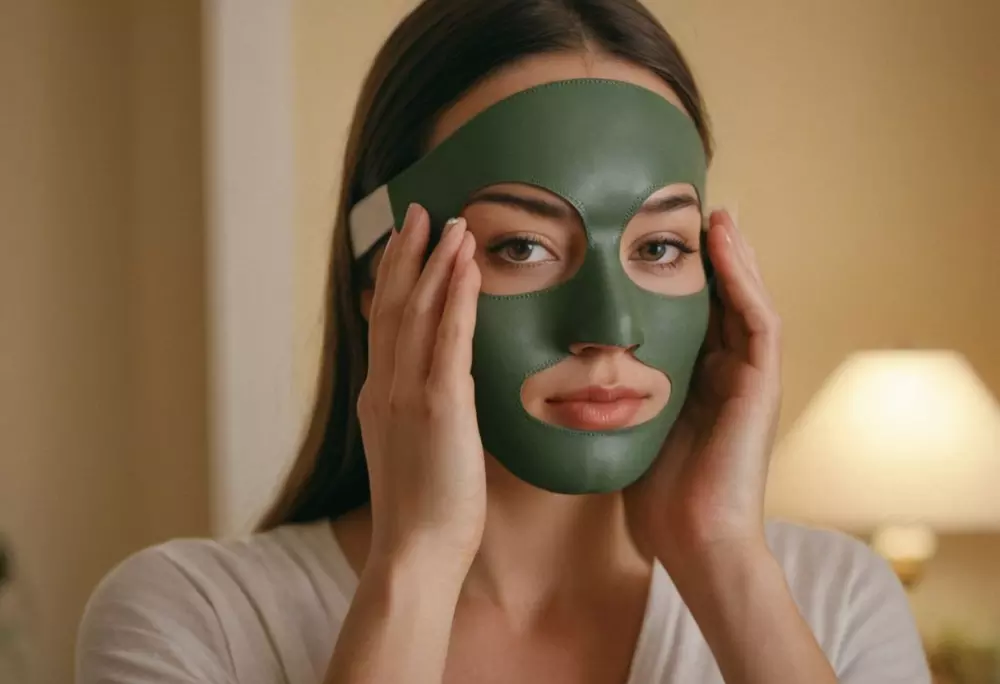 Frau trägt eine natürliche Gesichtsmaske auf, Fokus auf den Händen, die die Maske im Gesicht verteilen, in einer ruhigen häuslichen Umgebung, eingefangen in sanftem, natürlichem Licht, detailliertes Foto.