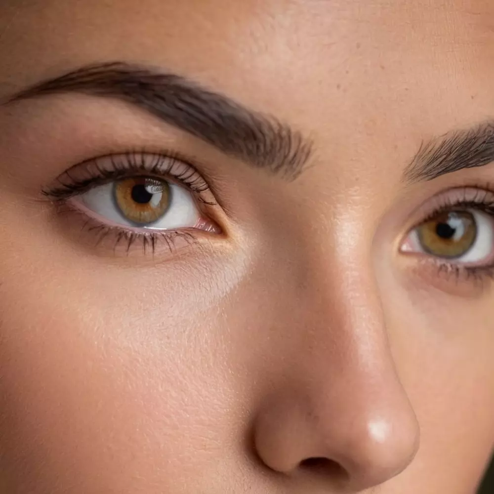 Nahaufnahme eines ruhigen Gesichts, das sich auf den Bereich zwischen den Augenbrauen konzentriert, gut beleuchtet, um glatte Haut zu zeigen, in einem detaillierten, hochauflösenden fotografischen Stil.