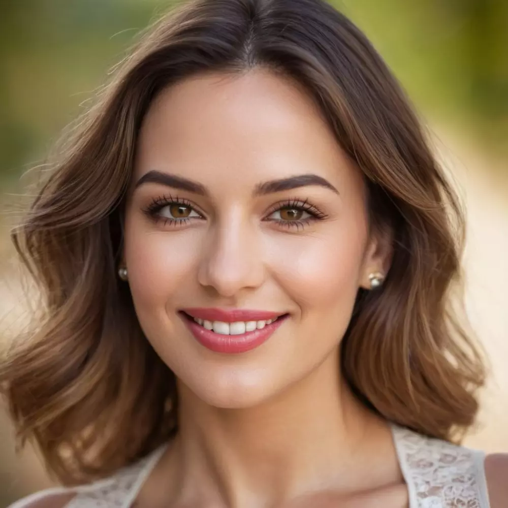 Porträt einer lächelnden Frau mit wunderschön betonten Lippen, die Selbstbewusstsein und Schönheit ausstrahlt. Fotografie, professionelles Porträt mit einem weichgezeichneten Hintergrund und schmeichelndem Licht.