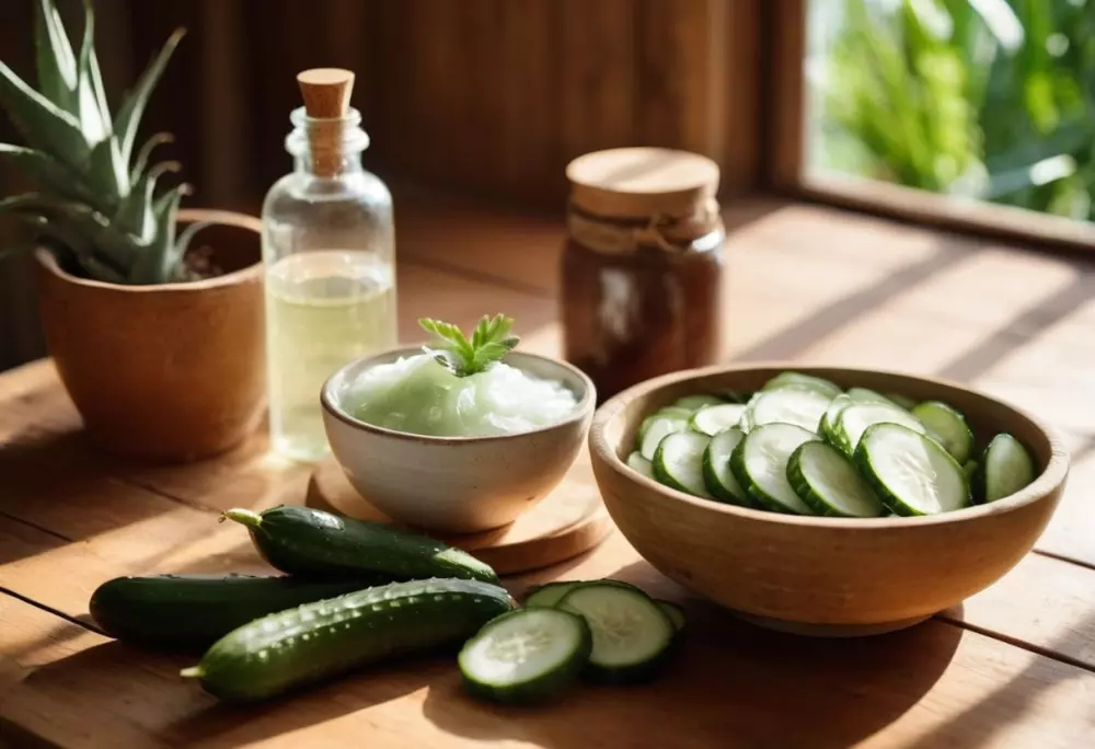 Ein rustikaler Holztisch mit natürlichen Zutaten wie Aloe Vera, Kokosöl und Gurken, die zur Herstellung von hausgemachter Hautpflege verwendet werden, in einer warmen, sonnenbeschienenen Umgebung. Fotografiert mit natürlichem Licht und einem Weitwinkelobjektiv.