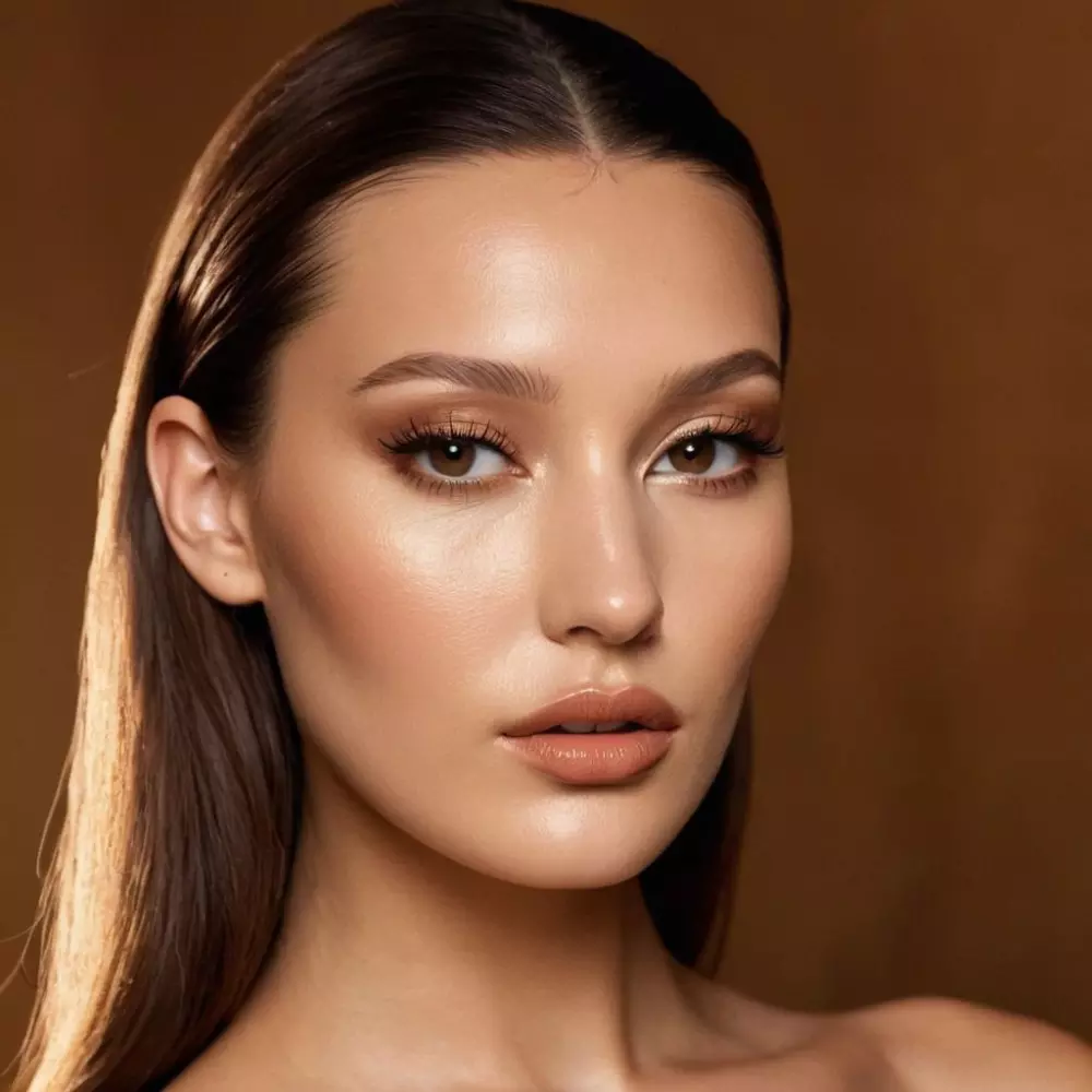 Nahaufnahme eines Models mit einem Fuchsaugen-Make-up-Look, inspiriert von Bella Hadid, zeigt den eleganten Augenlift und Stil in einem Mode-Fotoshooting mit glamouröser Beleuchtung. Fotografischer Stil, umgesetzt mit einem Porträtobjektiv und Studio-Beleuchtung, um eine High-Fashion-Atmosphäre zu imitieren.