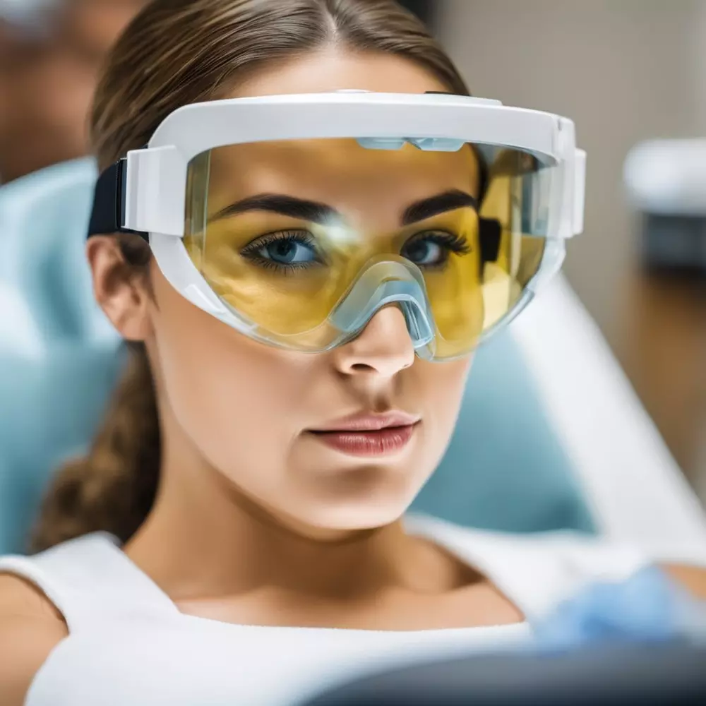Nahaufnahme einer Person, die während einer Laser-Haarentfernungssitzung Schutzbrillen trägt, Fokus auf Sicherheitsbrillen und gelassener Ausdruck, in einer gut beleuchteten Klinik, Sicherheit und professionelle Atmosphäre stehen an erster Stelle, Fotografie, Fotografie mit scharfem Fokus und detaillierter Ansicht der Brille.