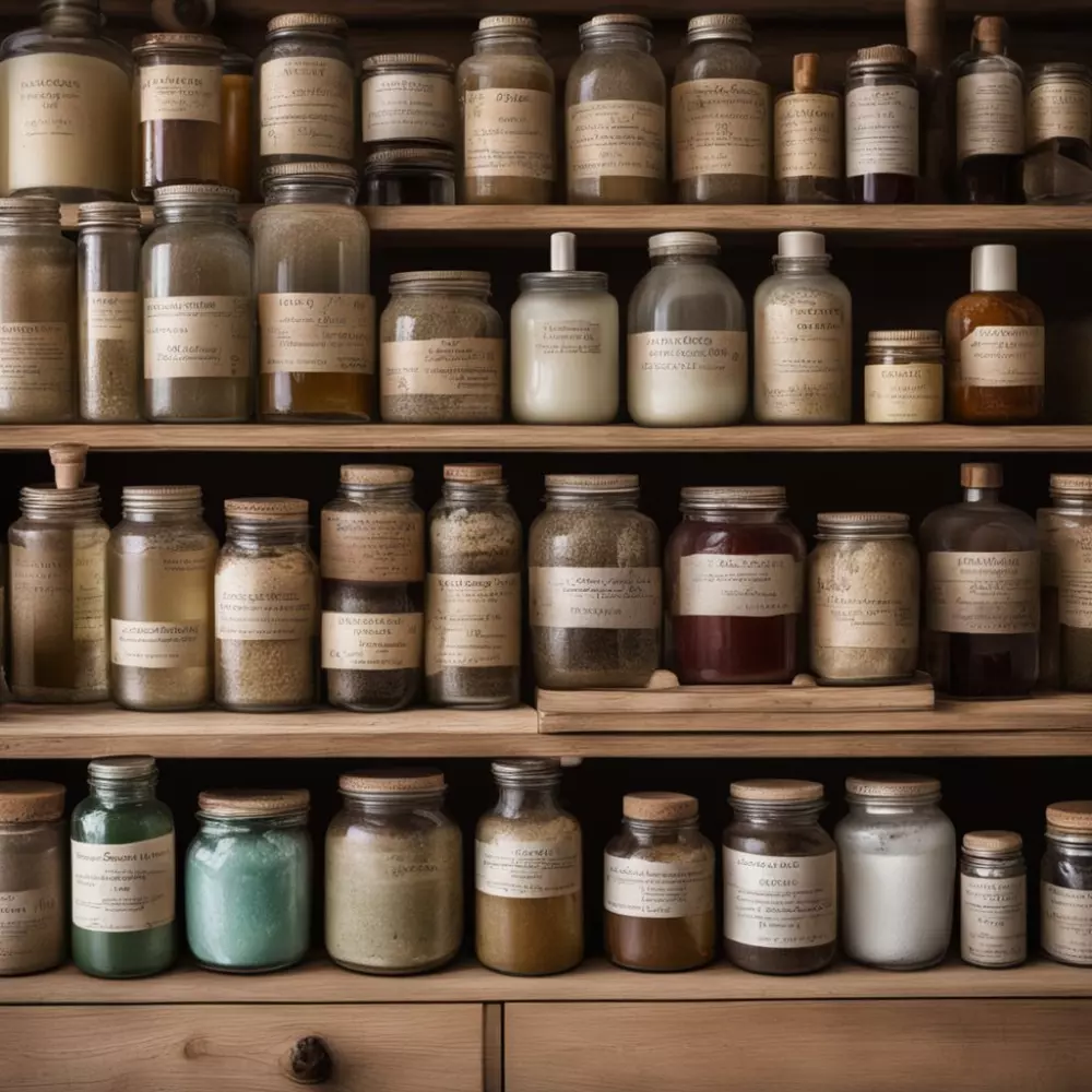 Eine Sammlung von Flaschen und Gläsern mit verschiedenen Arten von Peelings, gekennzeichnet als chemisch, physisch und enzymatisch, ordentlich auf einem hölzernen Tisch arrangiert. Fotografiert unter weichem Studiolicht mit einer Nahaufnahme, um die Texturen und Etiketten deutlich zu zeigen.