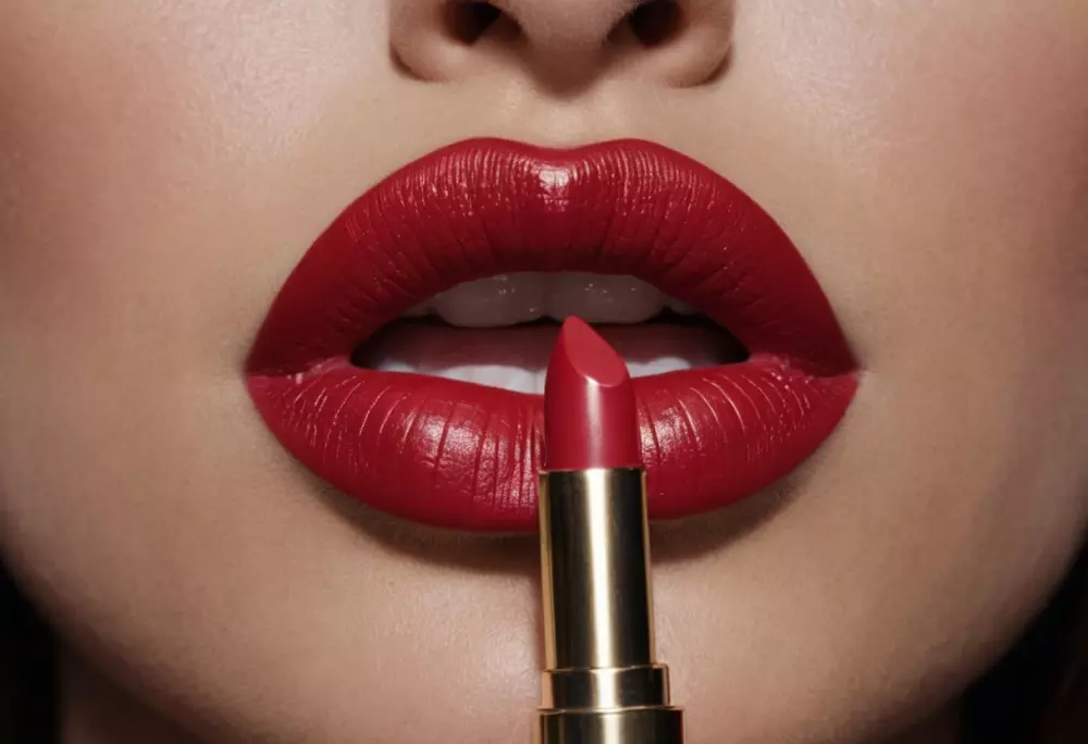 Nahaufnahme einer Frau, die sorgfältig Lippenstift auf ihre betonten Lippen aufträgt, zeigt Präzision und Sorgfalt, Fotografie, Nahaufnahme mit Fokus auf den Lippen und subtilen Make-up-Details.