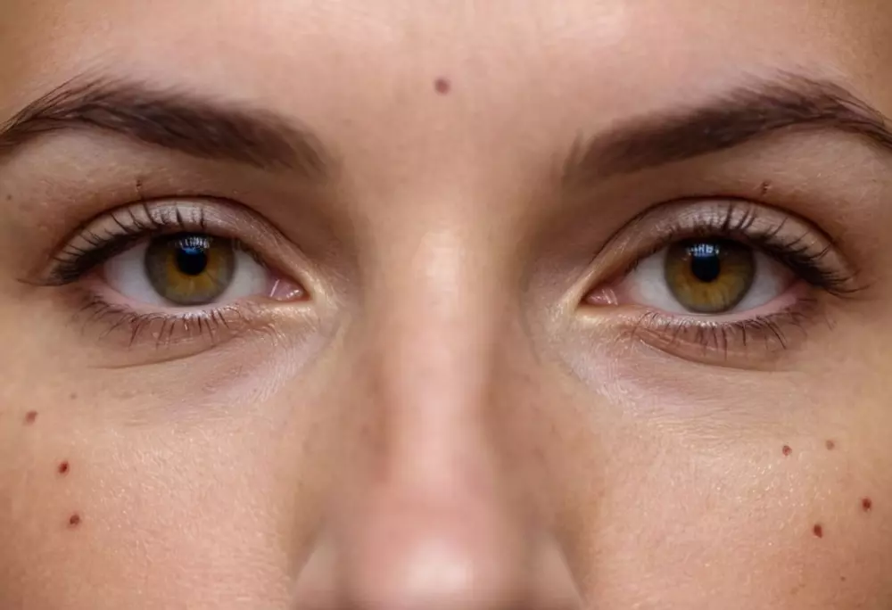 Nahaufnahme eines menschlichen Gesichts mit markierten Bereichen für Fadenlifting im Gesicht, am Hals und an den Augenbrauen, die die gezielten Abschnitte in einer klinischen Umgebung hervorheben, mit einer professionellen und sauberen medizinischen Atmosphäre. Fotografie mit einem Makroobjektiv, um einen hochdetaillierten Fokus auf die markierten Bereiche zu gewährleisten.