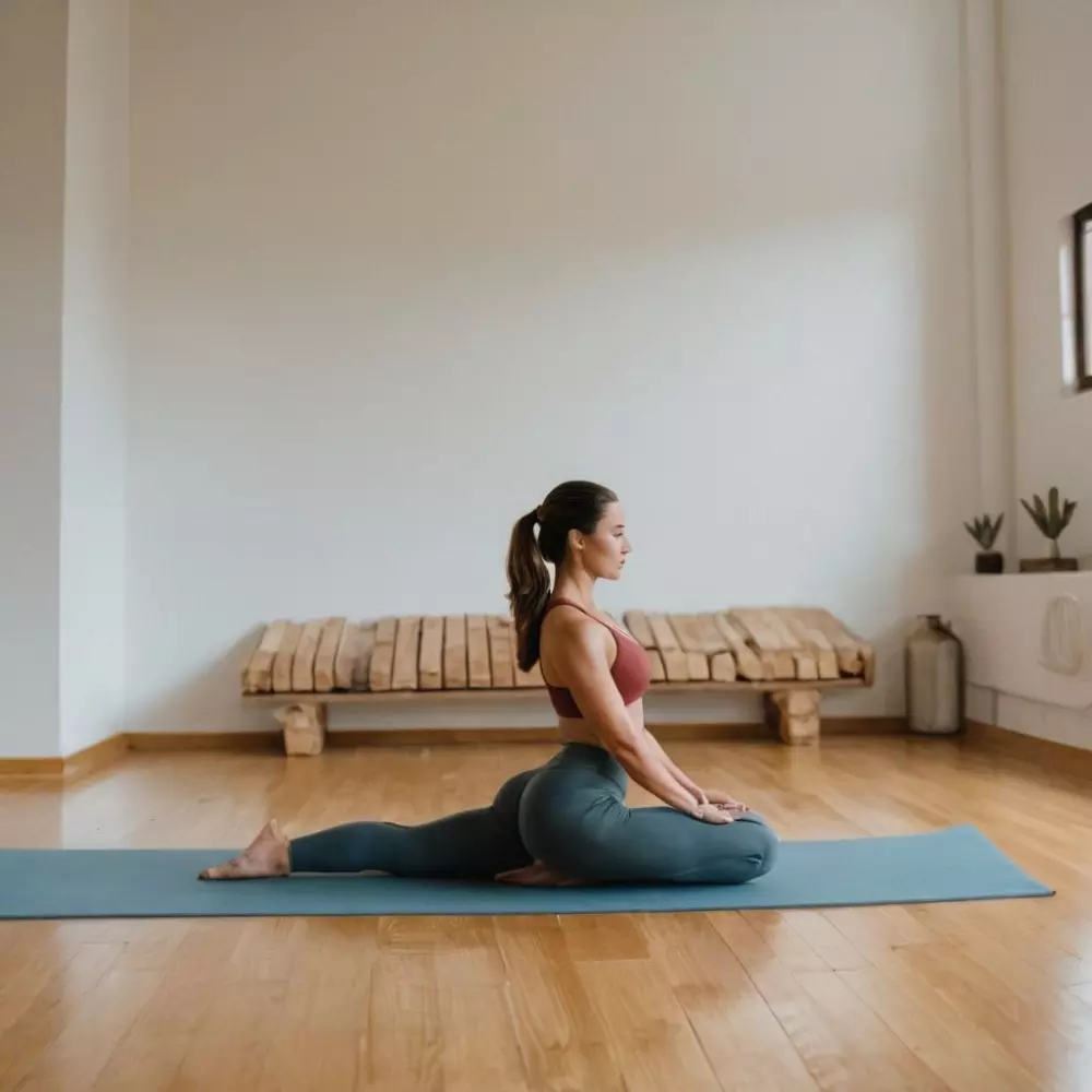Eine Person führt hautstraffende Übungen wie Yoga oder Pilates in einem ruhigen, geräumigen Fitnessstudio durch. Fotografiert mit natürlichem Licht und einem Weitwinkelobjektiv, um die Aktivität und Umgebung zu betonen.