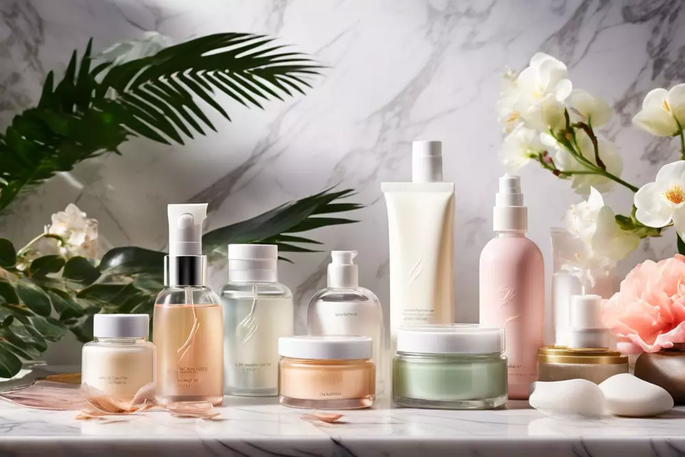 Eine Vielzahl von Hautpflegeprodukten ordentlich auf einer Marmoroberfläche angeordnet, die präventive Maßnahmen gegen Falten nahelegen. Fotografie von hochauflösenden Produkten mit weichem Studio-Licht.