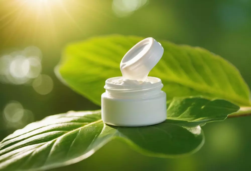 Nahaufnahme einer Sonnencreme-Flasche mit einem Klecks Creme auf einem Blatt, symbolisiert natürliche Vorbeugung, fotografischer Stil, hochauflösendes Bild mit einem Makro-Objektiv, fokussiert auf die Sonnencreme mit einem lebendigen grünen Hintergrund.