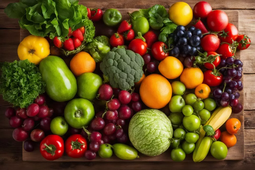 Fresh, colorful fruits and vegetables on a wooden table, a top view with a sharp focus, suggesting healthy eating, Photographic, taken with a wide-angle lens in natural sunlight, producing a vibrant, high-resolution image.