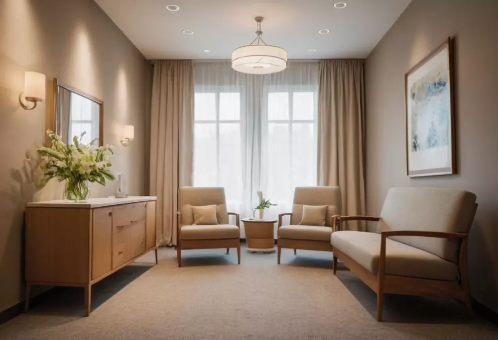 Ein gut beleuchteter, einladender medizinischer Beratungsraum mit modernen Möbeln und einer beruhigenden Atmosphäre, festgehalten in einem hochauflösenden Foto.