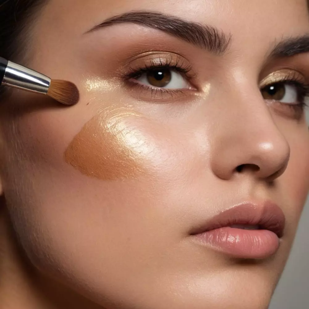 Nahaufnahme einer Person, die Concealer auf dunkle Gesichtsnarben aufträgt, mit Fokus auf den Make-up-Pinsel und die Haut. Fotografie, Make-up-Anwendung, aufgenommen mit einer Nikon D3500, Makroobjektiv, in weichem Studiolicht, um die Details und die Textur des Make-up-Prozesses einzufangen.