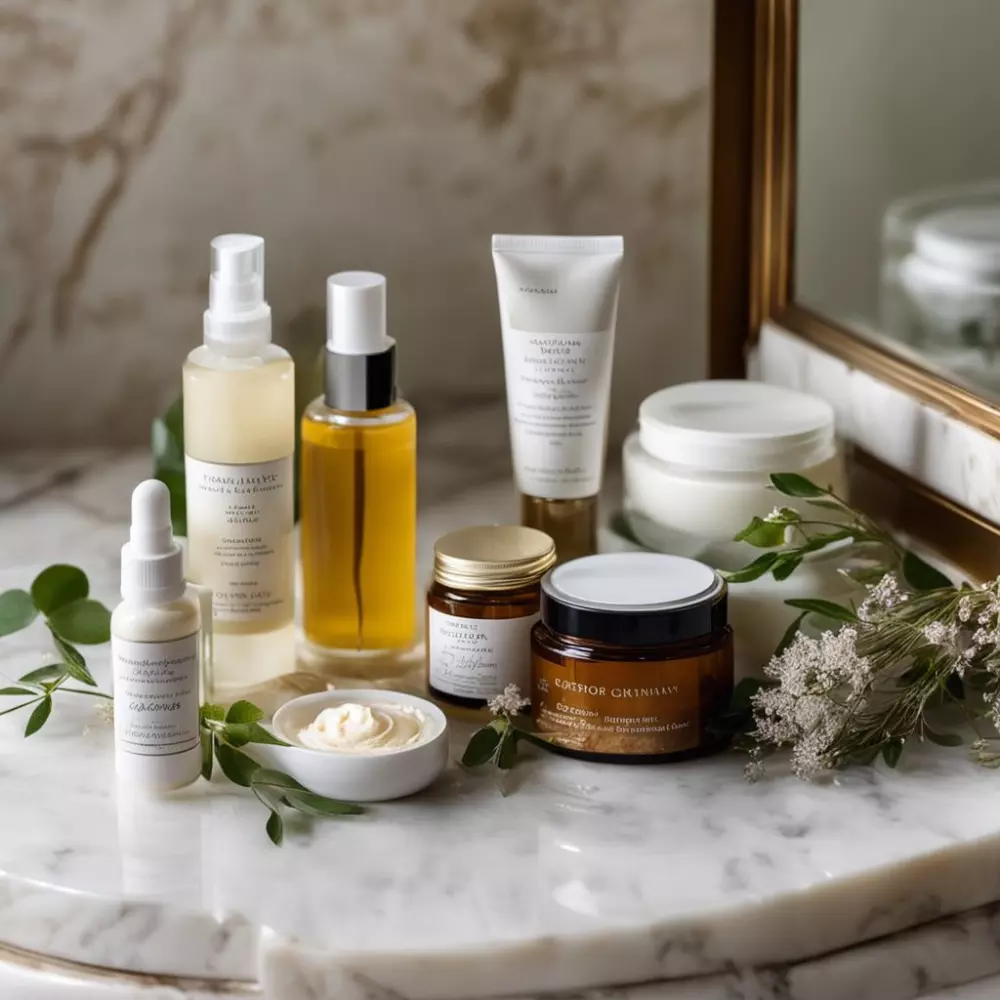 Eine Vielzahl von natürlichen Hautpflegeprodukten wird elegant auf einer Marmoroberfläche präsentiert, darunter Kräutercremes und Öle, unter sanftem, natürlichem Licht, um eine einladende und sichere Alternative zu schaffen. Fotografie mit Fokus auf Details und Texturen der Produkte.