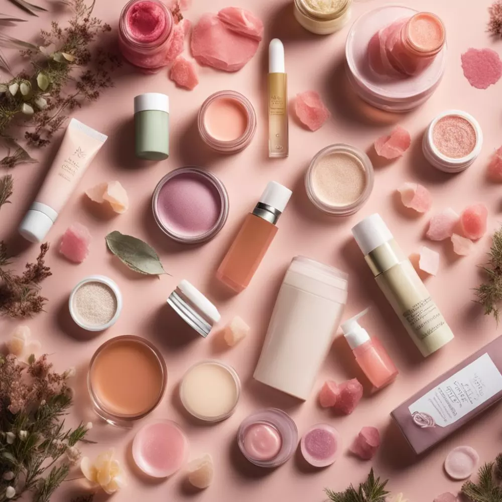 Eine Sammlung von Lippenpflegeprodukten auf einem weichen, pastellfarbenen Hintergrund, wobei der Fokus auf ihren Texturen und natürlichen Elementen liegt. Fotografisch festgehalten mit einer Nahaufnahme und sanfter Beleuchtung, um eine beruhigende und pflegende Atmosphäre zu schaffen.