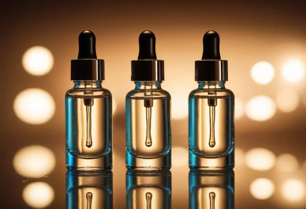 Glasflaschen mit Hyaluronsäure-Serum auf einer reflektierenden Oberfläche, Fokus auf der klaren Flüssigkeit und der Pipette, in einer sauberen, modernen Umgebung, unter hellem, weichem Licht, eingefangen in einer Nahaufnahme in hoher Auflösung mit einem Makro-Objektiv.