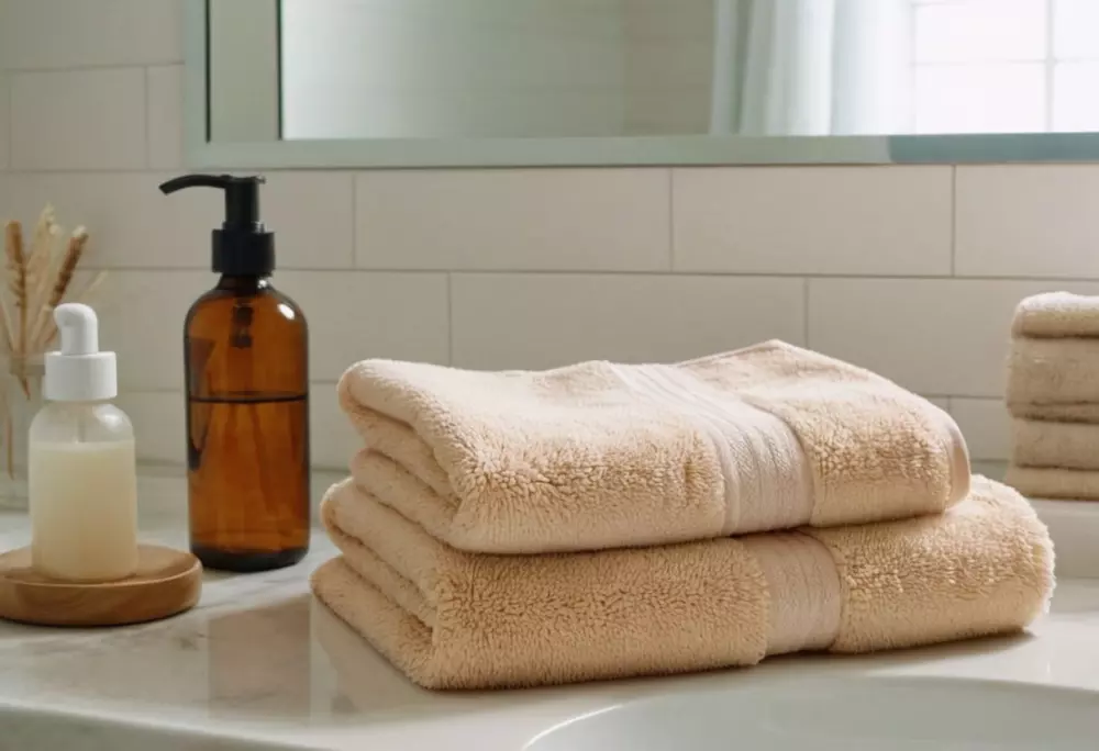 Nahaufnahme einer Reihe sanfter Hautpflegeprodukte und eines weichen Handtuchs auf einer sauberen Oberfläche, symbolisiert die Vorbereitung auf die Entfernung von Gesichtshaaren, fotografiert in einer hellen, ordentlichen Badezimmereinstellung, eingefangen im natürlichen Licht.