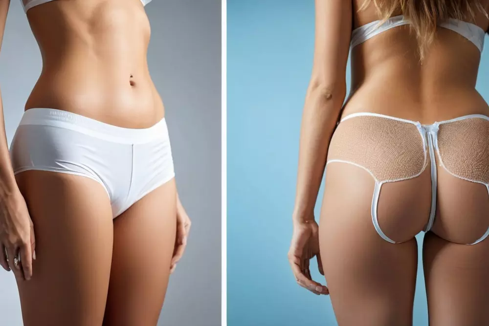 A side-by-side comparison of butt implants and natural buttocks, in a clinical setting with a clear, educational focus, Photographic, in a high-resolution, detailed medical comparison photography setting.