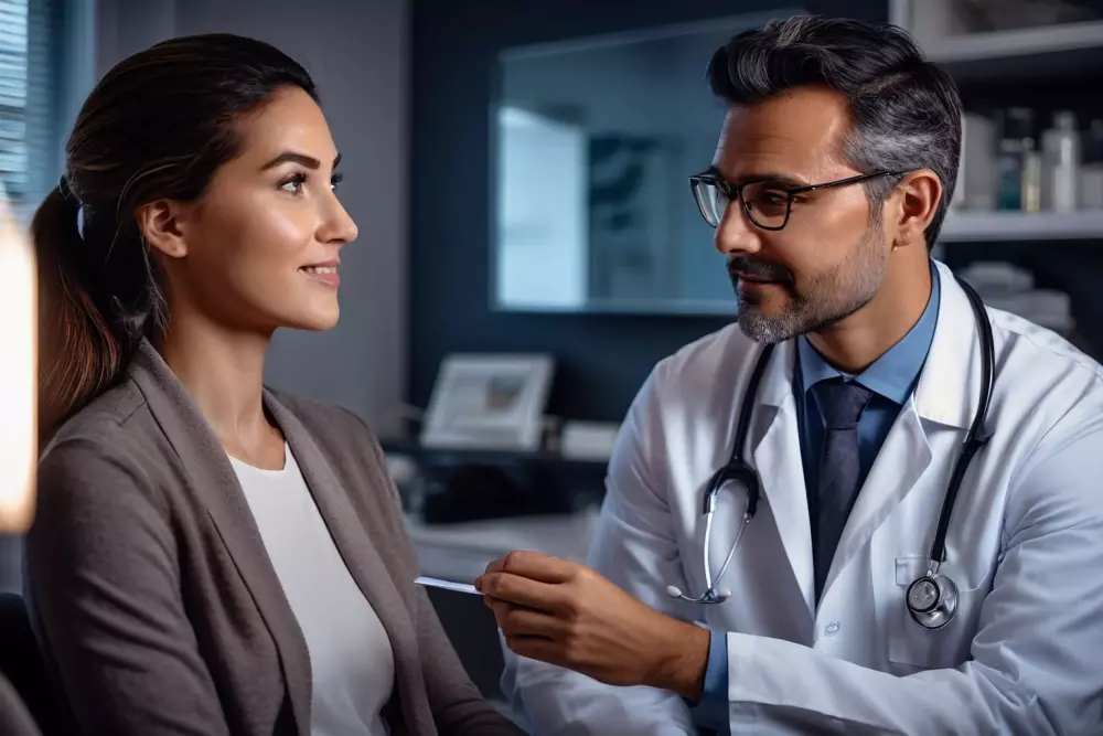 Arzt berät einen Patienten über die Behandlung einer Gesichtsnarbe in einer professionellen Klinik, Fotografie, Nahaufnahme mit sanfter klinischer Beleuchtung, aufgenommen mit einer Nikon D780.