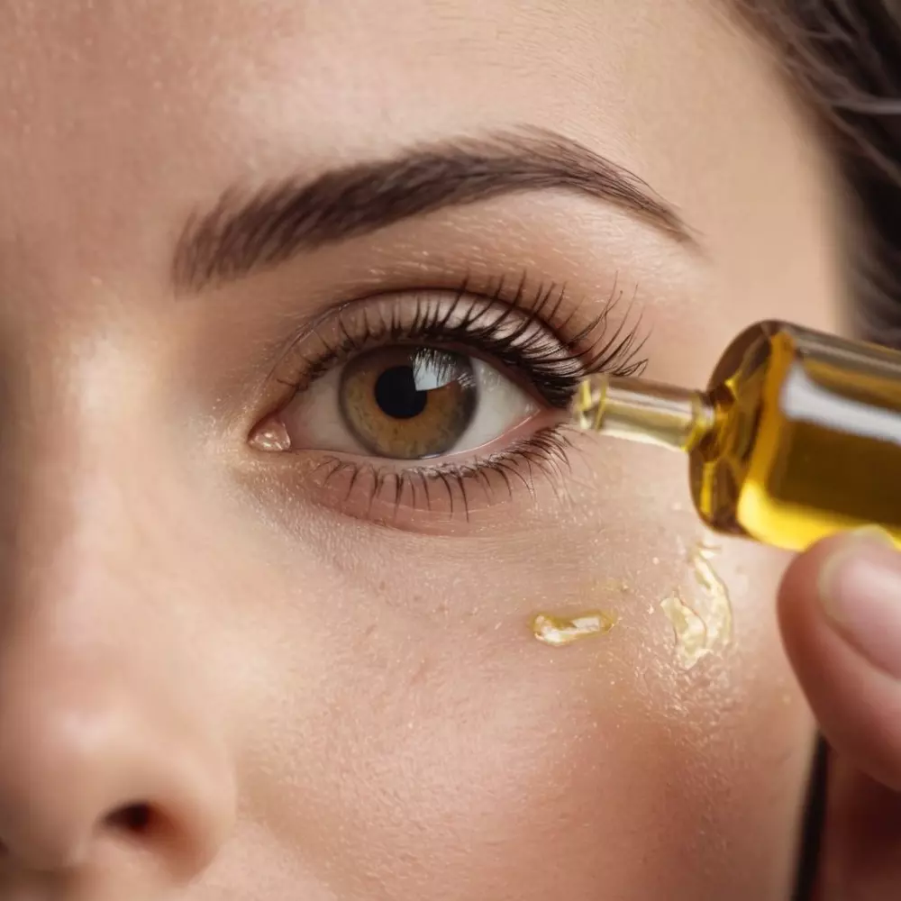 Eine Nahaufnahme einer Hand, die CBD-Öl auf das Gesicht aufträgt, mit Fokus auf die Pipette und die Öltextur, aufgenommen vor einem ruhigen, neutralen Hintergrund, unter Verwendung eines Makroobjektivs und weichem Licht in einem fotografischen Stil, um die Anwendung zu betonen.