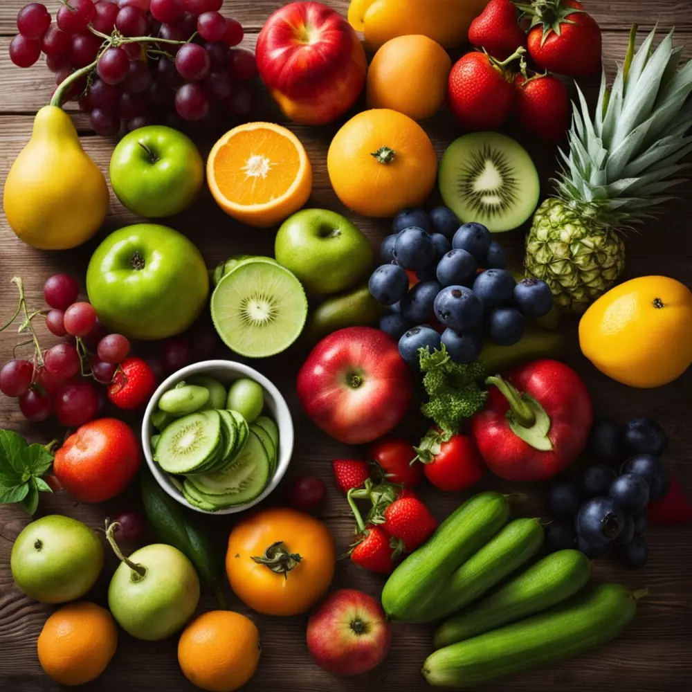 Eine Vielzahl von bunten, frischen Früchten und Gemüse, schön auf einem Holztisch arrangiert, morgendliches Sonnenlicht wirft einen weichen Schein, Fotografie, Eine detailreiche Nahaufnahme, die die Texturen und Farben der Lebensmittel betont, repräsentiert eine gesunde Ernährung.