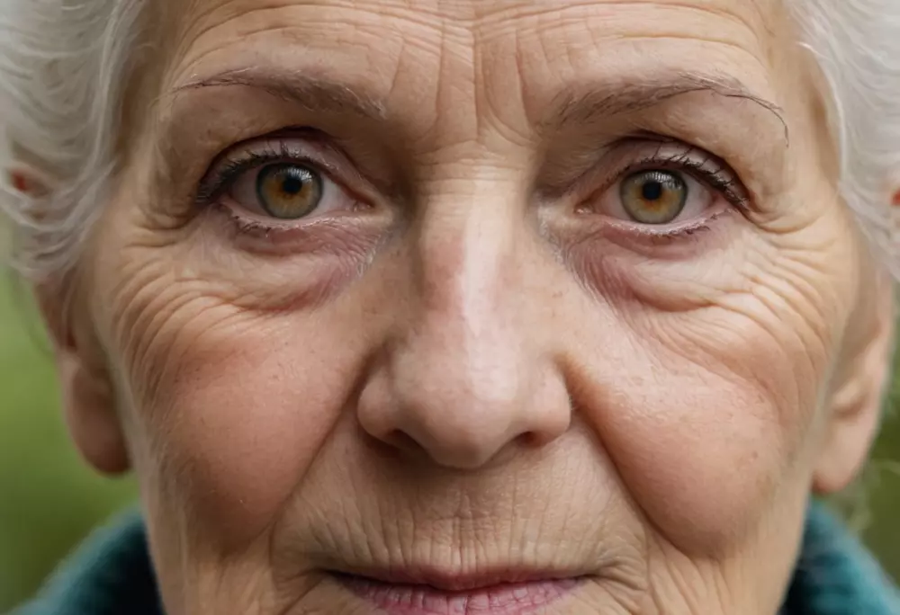 Nahaufnahme einer älteren Person mit deutlich sichtbaren Augenringen, im Freien, weiches natürliches Licht betont die Gesichtsdetails, fotografisch, Verwendung eines Makroobjektivs für detaillierte Hauttextur und einer geringen Tiefenschärfe, um den Bereich unter den Augen zu fokussieren.