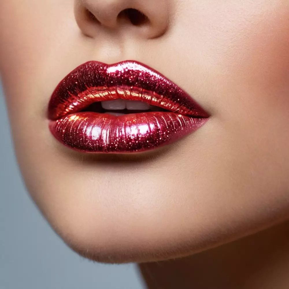 Nahaufnahme von Lippen mit einem schimmernden Highlighter auf dem Amorbogen aufgetragen, um die natürliche Form zu betonen, im fotografischen Stil, mit einem Makroobjektiv und Studiobeleuchtung, um den Glanz einzufangen.