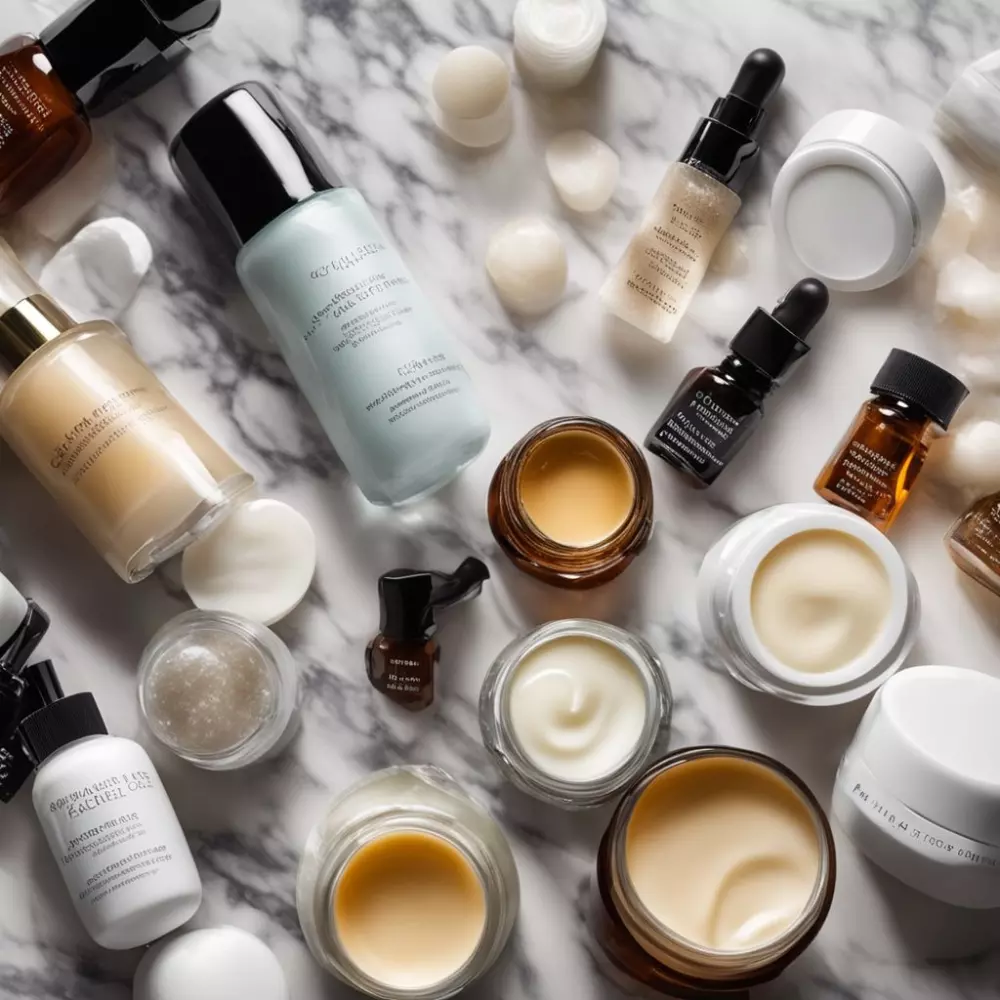 Assortment of skin firming creams and serums elegantly displayed on a marble surface, soft studio lighting, Photographic, close-up shot using a macro lens to emphasize product details and textures.