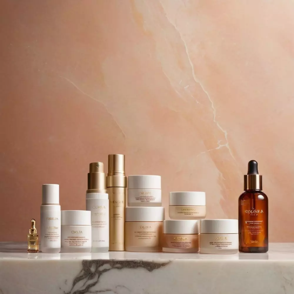 Auswahl von Hautpflegeprodukten nach der Behandlung wie Cremes und Seren, elegant auf einer Marmoroberfläche präsentiert, mit Fokus auf Textur und Verpackung. Fotografie mit weichem, stimmungsvollem Licht.