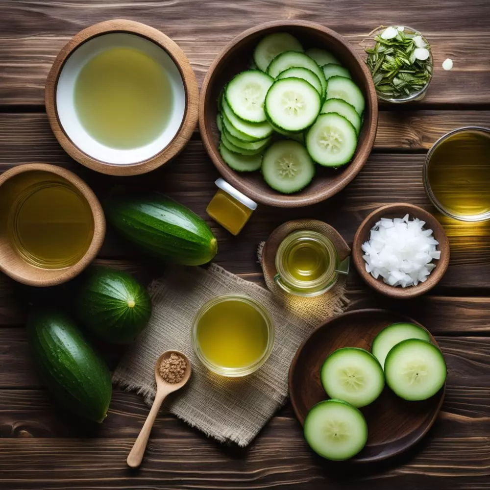 Eine Vielzahl natürlicher Zutaten wie Gurkenscheiben, grüner Tee und Kokosöl, elegant auf einer hölzernen Oberfläche arrangiert, weiches natürliches Licht, fotografischer Stil.