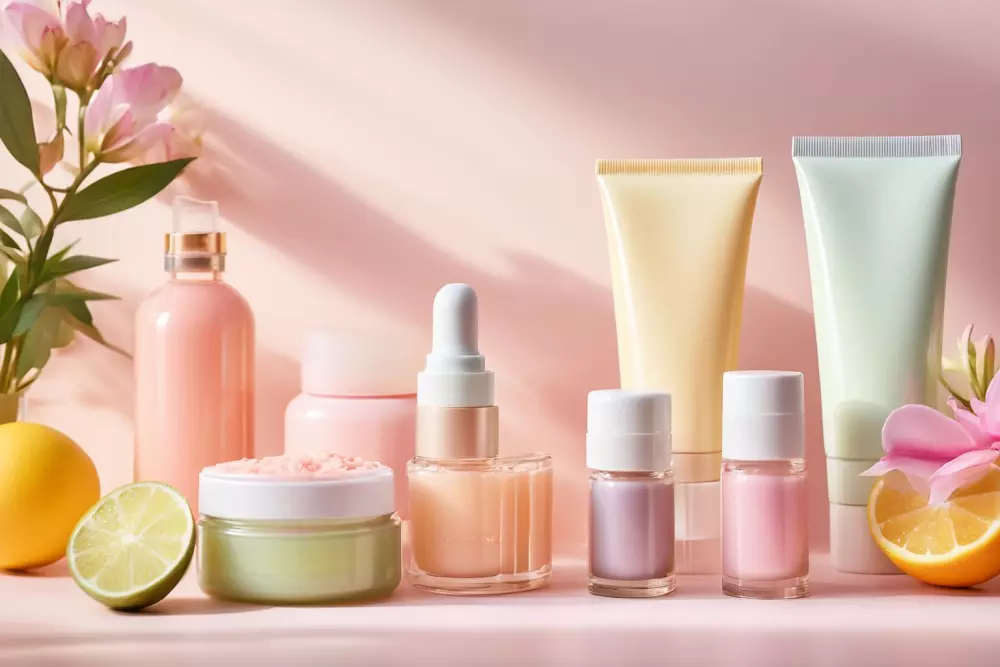 Eine Sammlung von Lippenpflegeprodukten, einschließlich Balmen und Feuchtigkeitsspendern, ordentlich auf einem weichen, pastellfarbenen Hintergrund angeordnet, fotografischer Stil mit natürlichem Licht und Fokus auf den Texturen der Produkte.