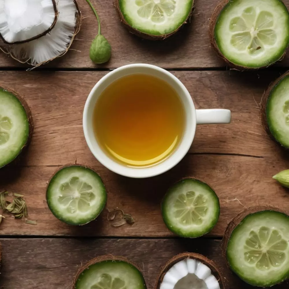 Verschiedene natürliche Zutaten wie Gurkenscheiben, grüne Teebeutel und Kokosöl ordentlich auf einer Holzoberfläche arrangiert, fotografiert bei natürlichem Licht mit einem Makroobjektiv, um die Texturen und Farben lebendig einzufangen.