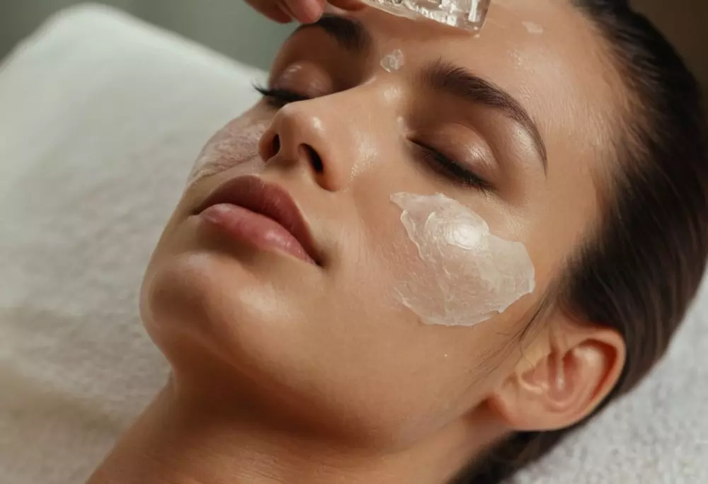 Eine Nahaufnahme einer Person, die eine chemische Peeling-Behandlung auf der Stirn durchführt, in einer beruhigenden Spa-Umgebung. Fotografiert mit weichem Licht und einem Nahaufnahme-Objektiv.