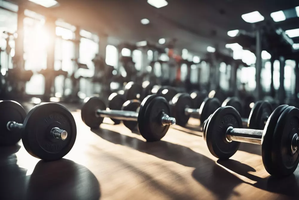 Dumbbells on gym floor, highlighting the start of a workout, in a clean, well-lit gym space, conveying readiness, Photographic, with a focused sharp close-up view using natural gym light.