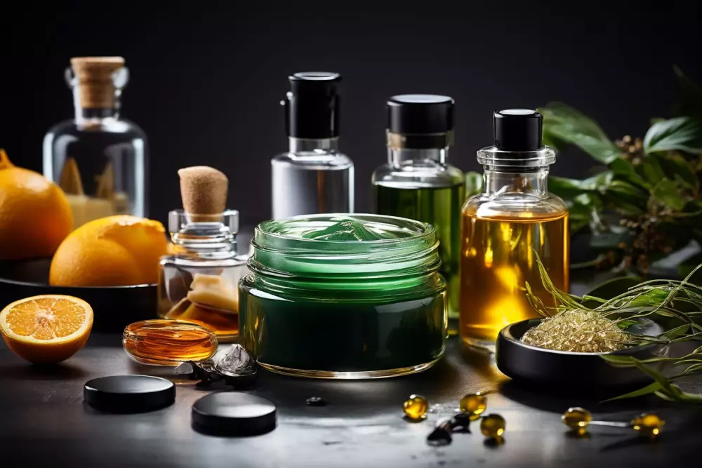 Anti-Aging-Hautcremes und Gesundheitsergänzungsmittel auf einem sauberen, modernen Tisch, die auf wissenschaftlichen Fortschritt im Alter hinweisen. Fotografie mit Fokus auf scharfen Details unter Verwendung professioneller Beleuchtung.