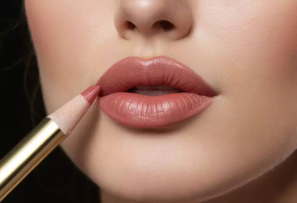 Nahaufnahme eines Lippenkonturenstifts, der die Konturen voller Lippen definiert, der Fokus liegt auf der Stiftspitze und dem Lippenrand. Fotografisch festgehalten wird die cremige Textur des Lippenkonturenstifts und die präzise Linie, die er mit natürlicher Beleuchtung zieht.