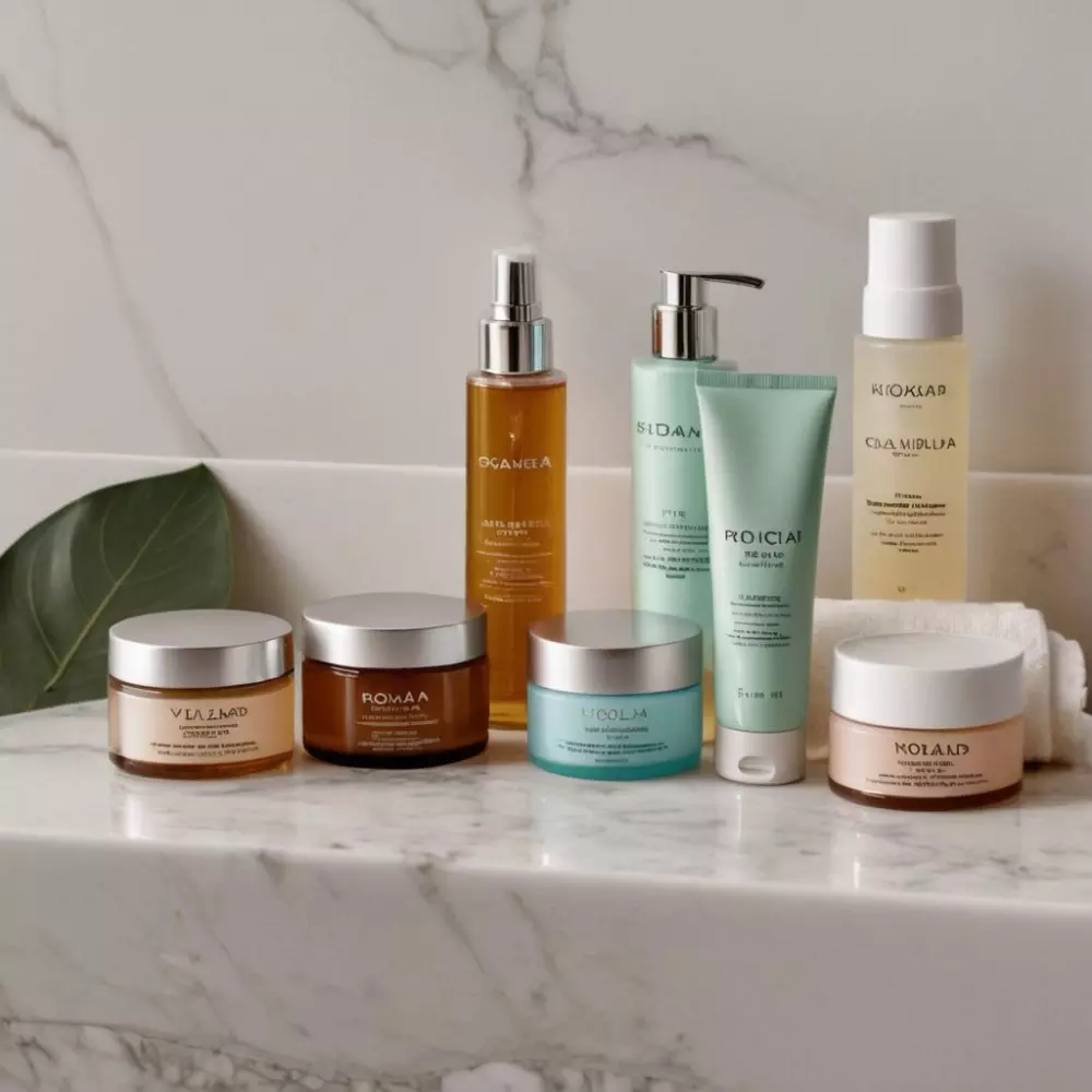 Array of skincare products on a marble countertop, suggesting a complete skincare routine, Photography, High-angle shot with a neat and organized display.