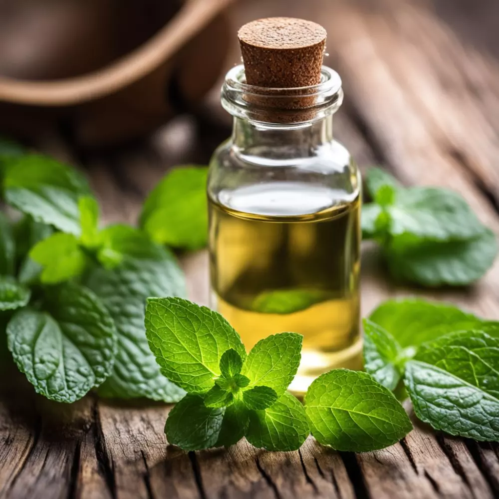 Eine kleine Flasche Pfefferminzöl, geöffnet neben frischen Pfefferminzblättern auf einer hölzernen Oberfläche, Fokus auf den Öltropfen, Nahaufnahme, fotografisch festgehalten. Die reflektierende Oberfläche des Öls und die lebendig grünen Blätter sind mit sanftem Tageslicht in hoher Auflösung eingefangen.