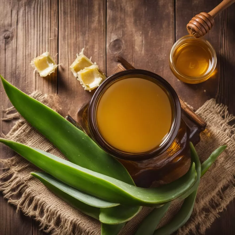 Natural ingredients like aloe vera and honey on a wooden surface, home setting, wholesome feel, Photographic, macro shot with natural lighting.