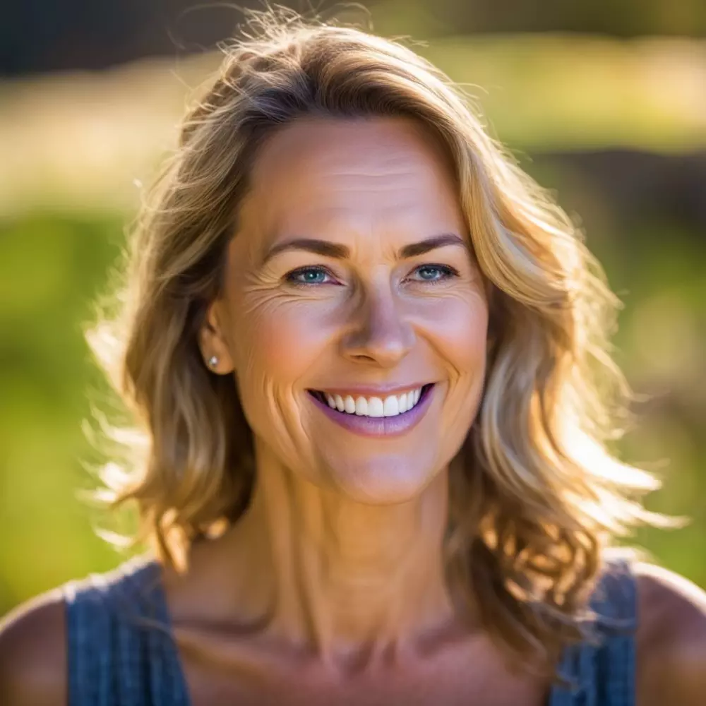 Smiling person looking youthful at 40, a mid-shot with vibrant, outdoor background, expressing contentment and vitality, Photographic, taken with a medium telephoto lens capturing the person in natural sunlight, ensuring a high-resolution, HDR image.