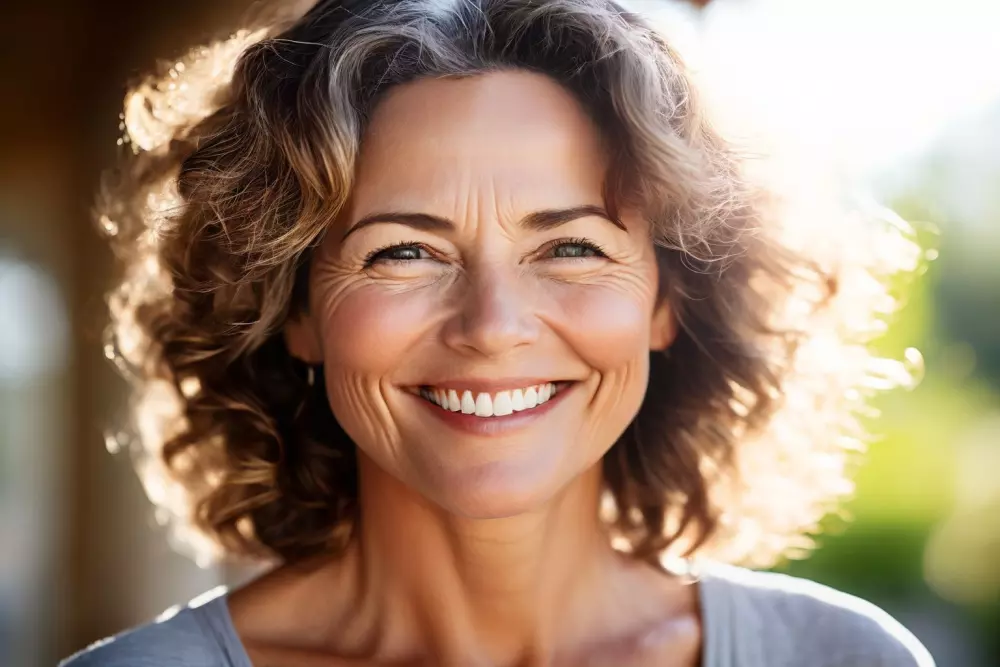 Nahaufnahme des lächelnden Gesichts einer mittleren Frau mittleren Alters mit glatter, strahlender Haut in einer hellen, luftigen Außenumgebung. Fotografischer Stil, hochauflösendes Porträt mit einem 85mm Objektiv und natürlichem Sonnenlicht, das die Textur der Haut hervorhebt.