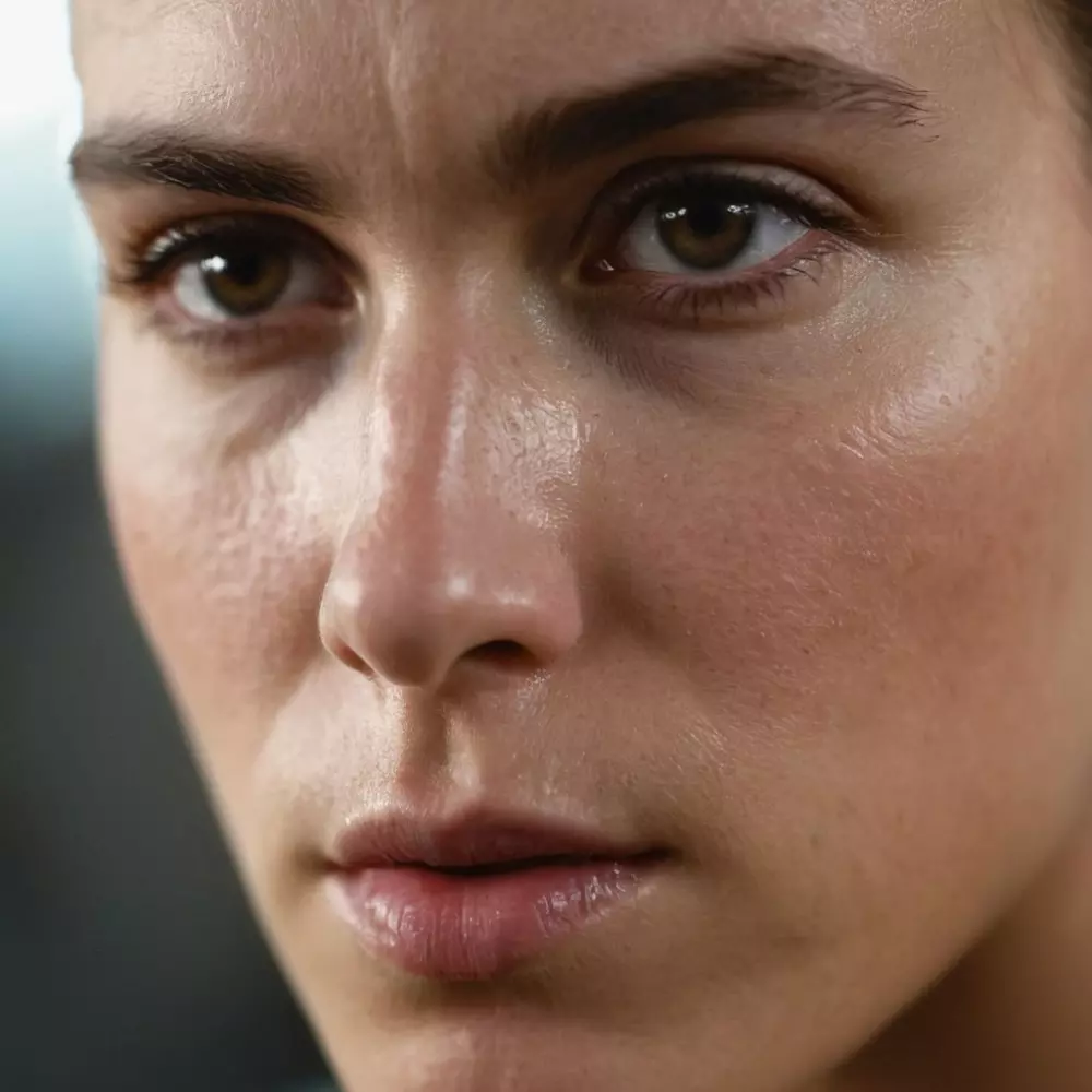 Nahaufnahme des Gesichts eines erschöpften Athleten, der Anzeichen von Dehydrierung zeigt, in einem Fitnessstudio, mit Fokus auf detaillierte Gesichtszüge. Fotografische, hochauflösende Nahaufnahme mit einem 70mm Objektiv, weiches Licht im Fitnessstudio.